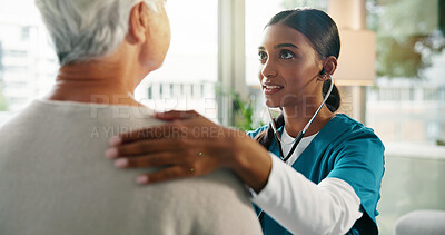 Buy stock photo Senior patient, nurse and stethoscope with heart beat in consultation for hospital checkup, chest exam or lung test. Healthcare, professional and woman with tool to monitor BPM at medical appointment