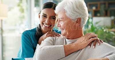 Buy stock photo Medical, smile or support with old woman and nurse in living room of retirement home for wellness. Bonding, healthcare or visit with caregiver and senior patient in apartment for portrait or nursing
