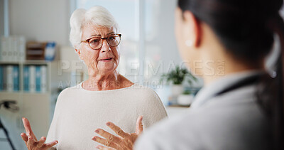 Buy stock photo Sad woman, doctor and consultation in clinic, healthcare and stress with support, help and talking. Pensioner, senior patient or medical with professional, results and sympathy with shock or cancer