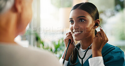 Buy stock photo Elderly patient, nurse and stethoscope with heart beat in clinic for wellness consultation, chest exam or lung test. Healthcare, woman or professional with tool to monitor BPM at hospital appointment