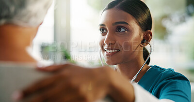 Buy stock photo Senior patient, nurse and stethoscope with heart beat in hospital for healthcare checkup, listening and lung test. Chest exam, woman and professional with tool to monitor BPM at medical appointment