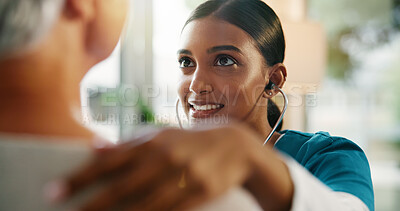 Buy stock photo Senior patient, nurse and stethoscope with heart beat in clinic for medical checkup, chest exam or lung test. Healthcare, professional and happy woman with tool to monitor BPM at hospital appointment