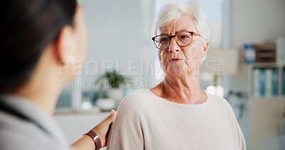 Buy stock photo Sad woman, doctor and empathy in office, healthcare and consultation with support, help or cancer. Pensioner, senior patient or medical with professional, results or sympathy with stress or diagnosis