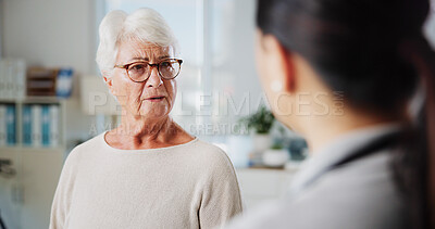 Buy stock photo Sad woman, doctor and sympathy in clinic, healthcare and consultation with support, cancer and talking. Pensioner, senior patient or medical with professional, results or empathy with stress or shock