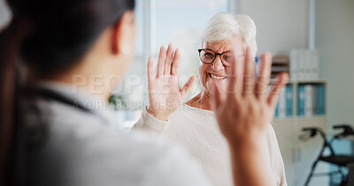 Buy stock photo Stretching, physiotherapist or old woman with hands raised for physical therapy, mobility exercise or healing. Happy, senior patient or arthritis assessment for muscle strength test or rehabilitation