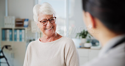 Buy stock photo Physiotherapy, smile and old woman in office, consultation and healing with feedback. Professional, medical and elderly patient with appointment, recovery or help with wellness, support or healthcare
