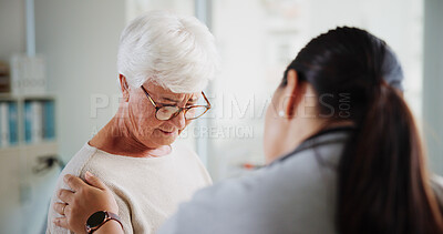 Buy stock photo Sad woman, doctor and help in clinic, healthcare and consultation with support, cancer results and talking. Pensioner, senior patient or medical with professional, stress and sympathy with depression