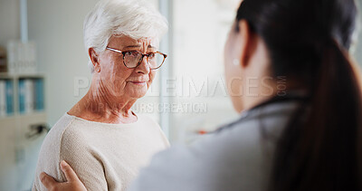 Buy stock photo Sad woman, doctor and empathy in clinic, healthcare and consultation with support, help and talking. Pensioner, senior patient or medical with professional, results and sympathy with stress or cancer