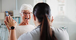 Medical worker, old person and high five for happiness with good blood pressure, cancer remission and support. Senior care, patient and routine physical with progress in recovery, healing and health