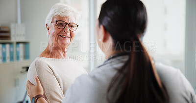 Buy stock photo Support, doctor and happy with old woman in office for patient feedback, insurance and physiotherapy plan. Healthcare, rehabilitation and medical help with people in clinic for consulting and trust