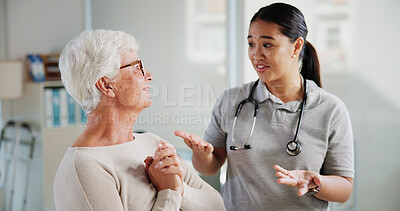 Buy stock photo Support, doctor and advice with old woman in office for patient feedback, insurance and physiotherapy plan. Healthcare, rehabilitation and medical help with people in clinic for consulting and trust