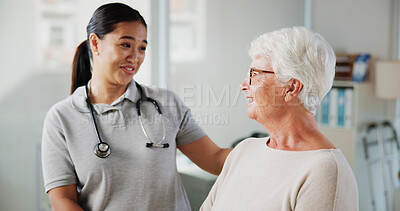 Buy stock photo Support, doctor and trust with old woman in office for patient feedback, insurance and physiotherapy plan. Healthcare, rehabilitation and medical help with people in clinic for consulting and smile