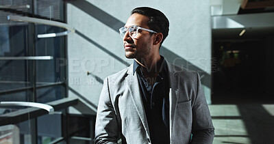 Buy stock photo Serious, business and thinking with man in lobby for vision, planning and ideas for finance growth. Male person, thoughts and reflection of accountant career, investment decision and financial choice