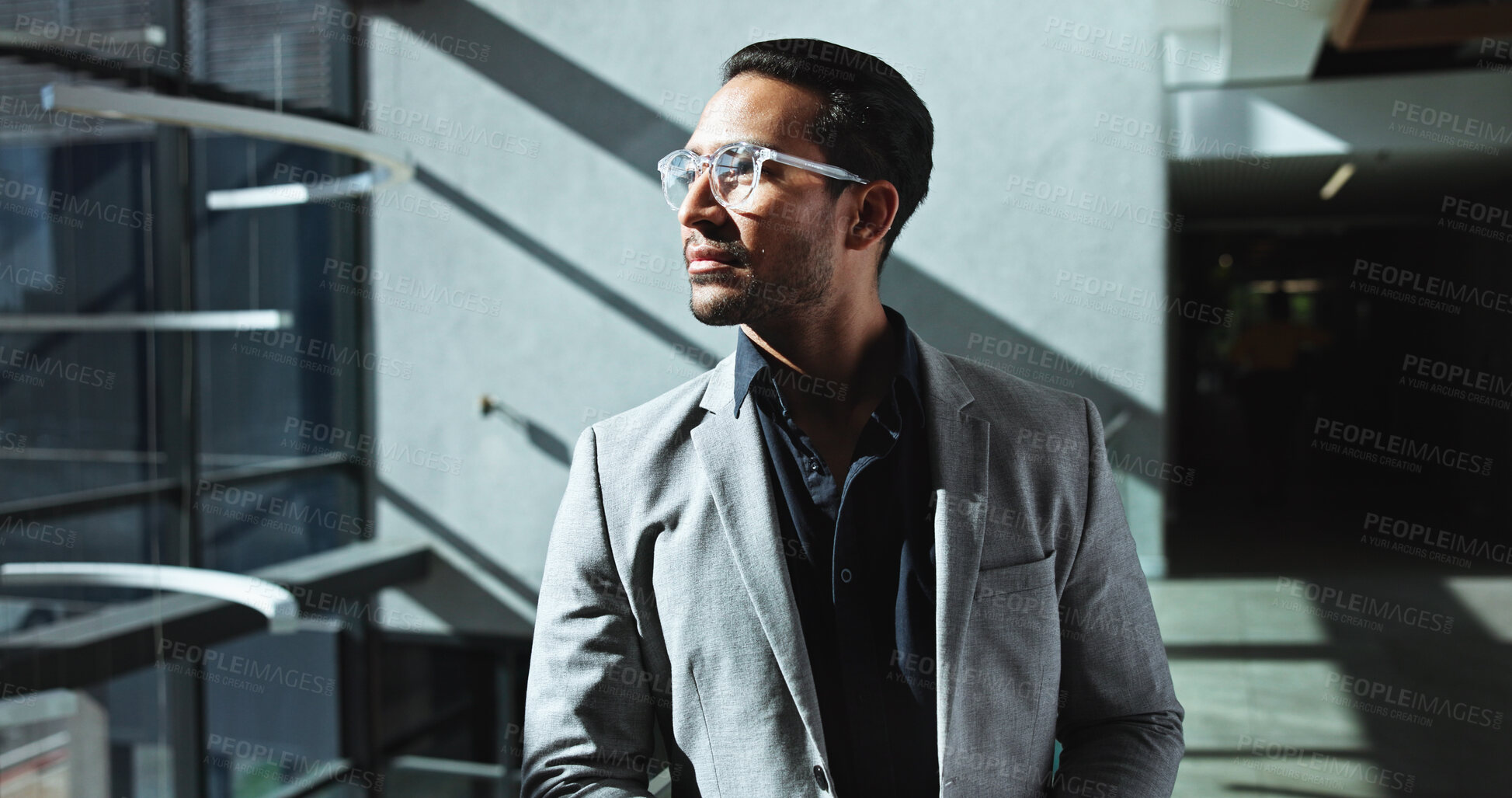 Buy stock photo Serious, business and thinking with man in lobby for vision, planning and ideas for finance growth. Male person, thoughts and reflection of accountant career, investment decision and financial choice