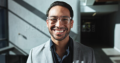 Buy stock photo Smile, portrait and business man in office for conference, keynote speaker and confidence. Capital venture, investor expo and happy with person in lobby of seminar for b2b and account advisor