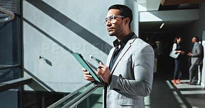 Buy stock photo Business thinking and man in office, tablet and stock market with decision for budget report. Person, financial advisor and employee in workplace, tech and choice for trading, problem solving and app