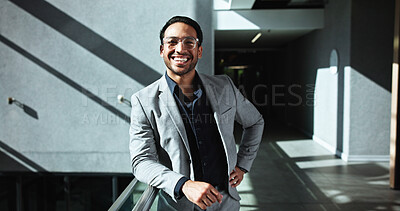 Buy stock photo Glasses, portrait and business man in office for conference, keynote speaker and confidence. Capital venture, investor expo and happy with person in lobby of seminar for b2b and account advisor