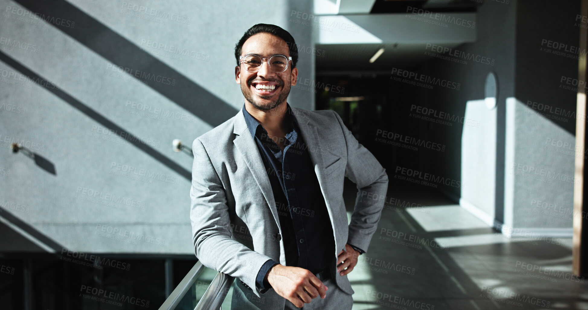 Buy stock photo Glasses, portrait and business man in office for conference, keynote speaker and confidence. Capital venture, investor expo and happy with person in lobby of seminar for b2b and account advisor