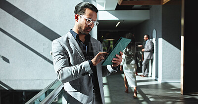 Buy stock photo Business, man and reading tablet in office building for financial report review, investment account and research. Finance manager, person and digital app at work for revenue proposal and forecasting