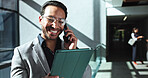 Happy, businessman or tablet with phone call in office building for communication or online report. Man, employee or financial advisor with smile on mobile smartphone or technology for chat or advice