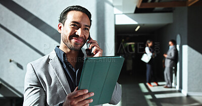 Buy stock photo Thinking, tablet and businessman with phone call for networking, asset management and financial advice. Portfolio manager, smile and negotiation in lobby for investment, loan deal or private equity