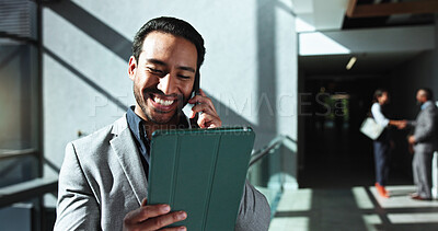Buy stock photo Office, businessman and tablet with phone call for talking, negotiation and consulting for finance. Lobby, male person and financial advisor with digital for mobile discussion, budget info and smile