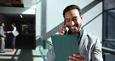 Buy stock photo Office, businessman and tablet with phone call for networking, talking and consulting for finance. Lobby, male person and financial advisor with digital for mobile negotiation, budget info and smile