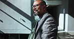 Thinking, business and black man with smile in lobby for vision, planning and ideas of finance growth. Male person, thoughts and reflection for broker career, investment decision and financial choice