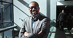 Arms crossed, portrait and business black man in office for conference, keynote speaker and confidence. Capital venture, investor expo and happy with person of seminar for b2b and account advisor
