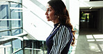 Window, thinking and business woman in office for conference, keynote speaker and reflection. Capital venture, investor expo and future with person in lobby of seminar for vision and account advisor