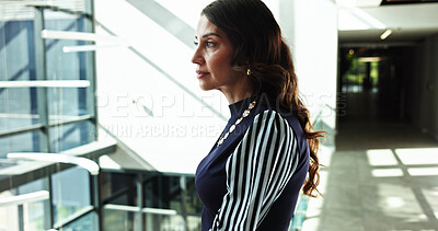 Buy stock photo Window, thinking and business woman in office for conference, keynote speaker and reflection. Capital venture, investor expo and future with person in lobby of seminar for vision and account advisor