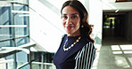 Business, woman and portrait with smile in office building for internal auditing, financial organization and career pride. Mature person, employee and happy at actuary firm for about us or confidence