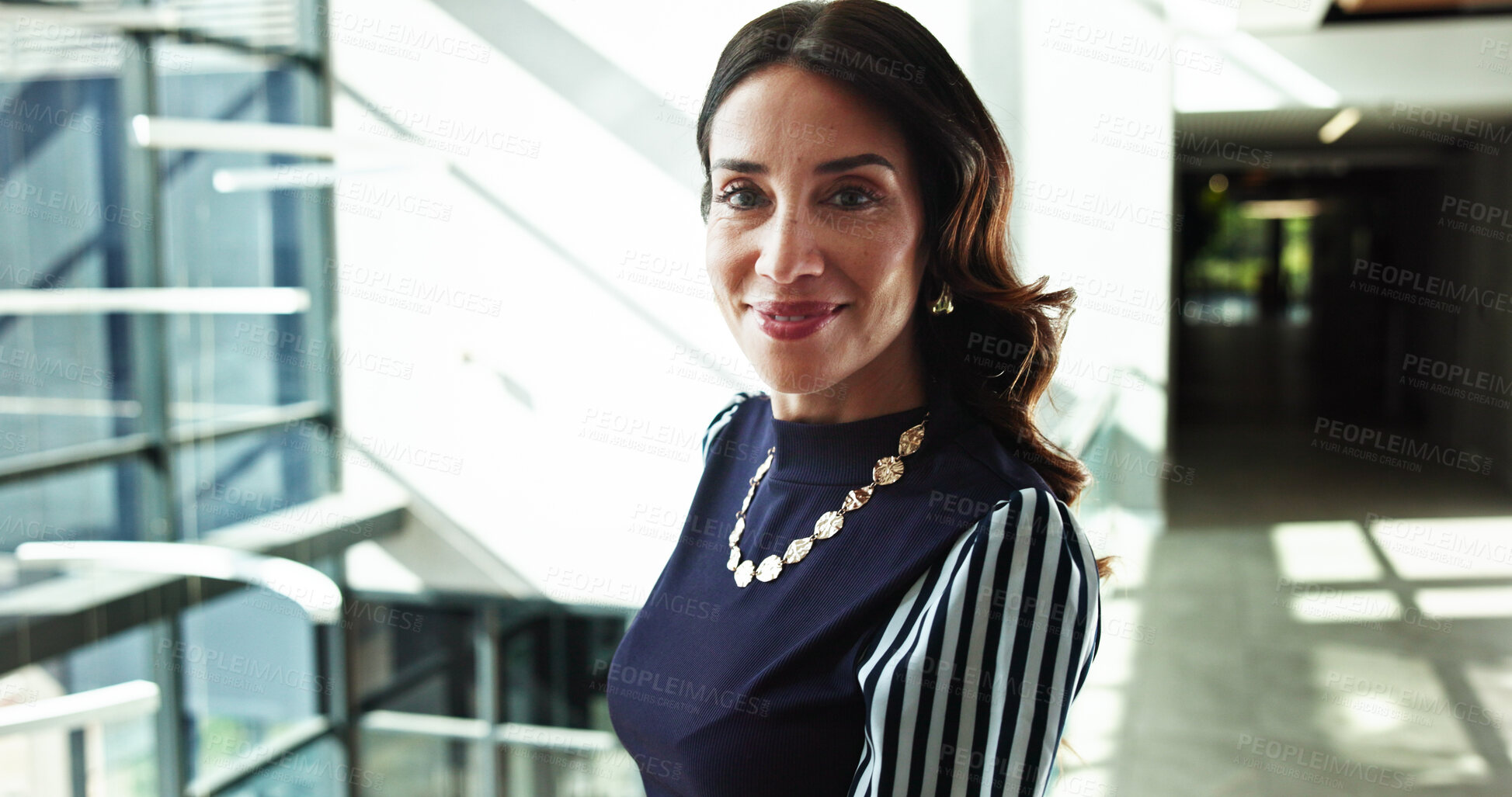 Buy stock photo Business, woman and portrait with smile in office building for internal auditing, financial organization and career pride. Mature person, employee and happy at actuary firm for about us or confidence