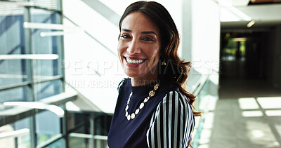 Buy stock photo Portrait, smile and business woman in company for finance, investment and career experience as actuary. Job, professional and happy worker in office with confidence as risk analyst in hallway in USA