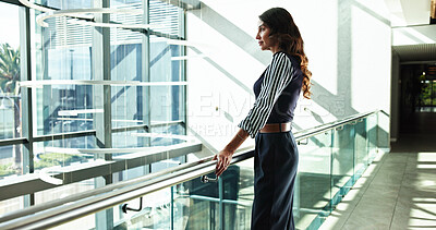 Buy stock photo Window, vision and business woman in office for conference, keynote speaker and reflection. Capital venture, investor expo and future with person in lobby of seminar for thinking and account advisor