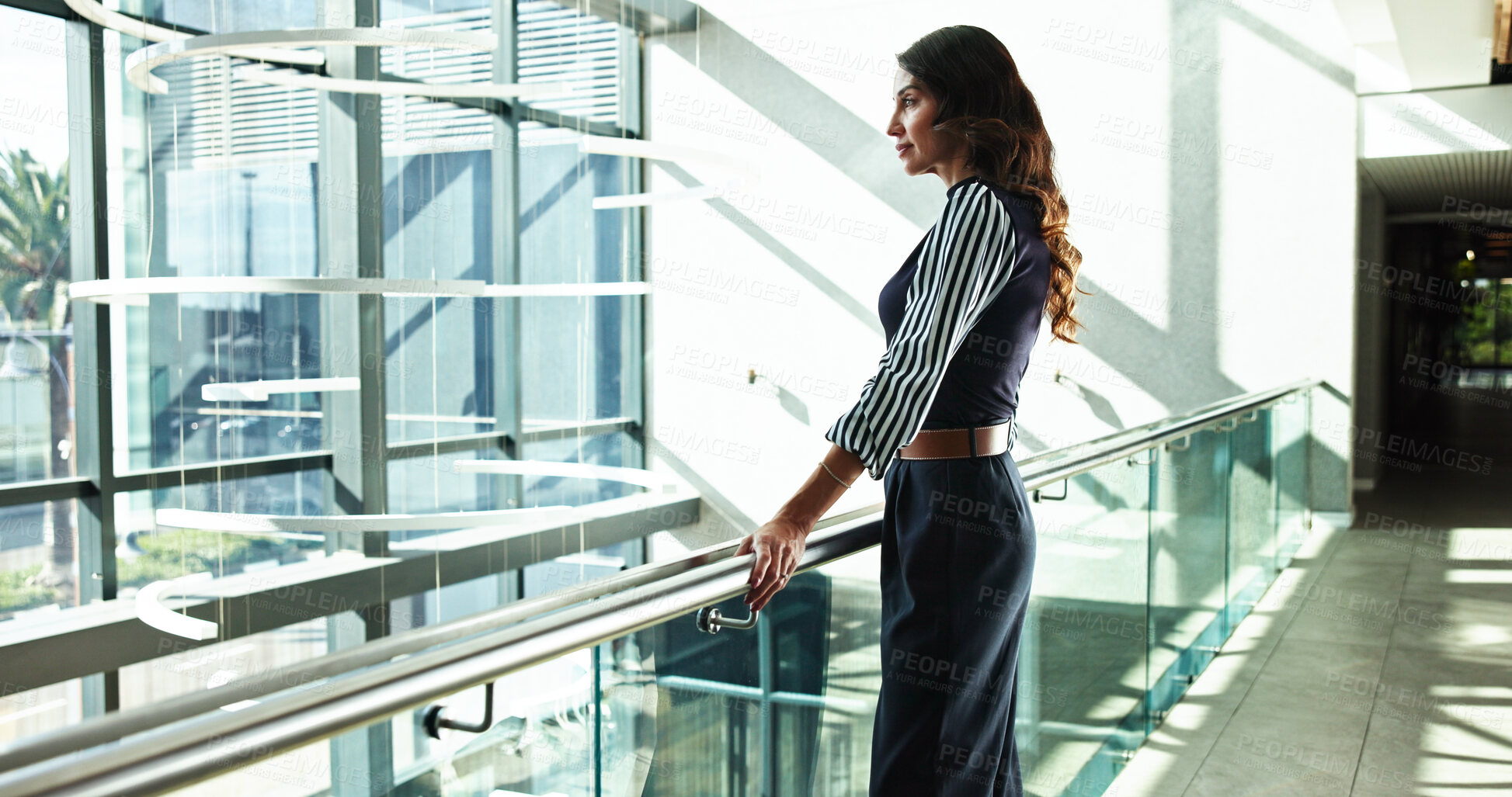 Buy stock photo Window, vision and business woman in office for conference, keynote speaker and reflection. Capital venture, investor expo and future with person in lobby of seminar for thinking and account advisor