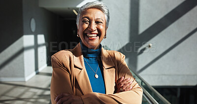 Buy stock photo Smile, mature and confident business woman in company with experience as talent acquisition specialist. Arms crossed, professional and happy human resources manager in office in hallway in Mexico