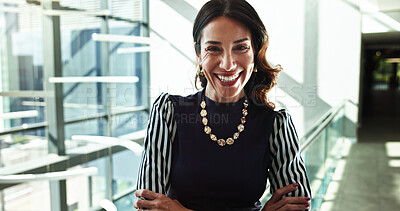 Buy stock photo Arms crossed, smile and portrait of business woman for confidence, financial advisor and conference event. Happiness, pride and investment banker with mature person for convention, b2b and seminar