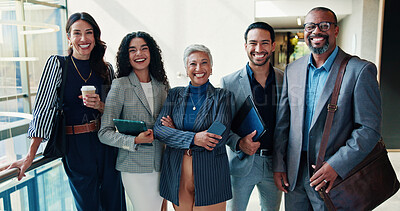 Buy stock photo Business, people and group with portrait in office building for financial conference, career confidence or ready for meeting. Finance team, tech and happy for corporate seminar, about us or diversity