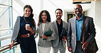 Portrait, smile and business people in office, teamwork and diversity with confidence, finance advisor and pride. Face, accounting and employees in workplace, cooperation and support with partnership