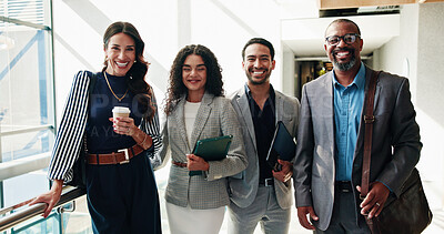 Buy stock photo Portrait, smile or business people in office, team or diversity with confidence, finance advisor and pride. About us, accounting or employees in workplace, cooperation or support with partnership