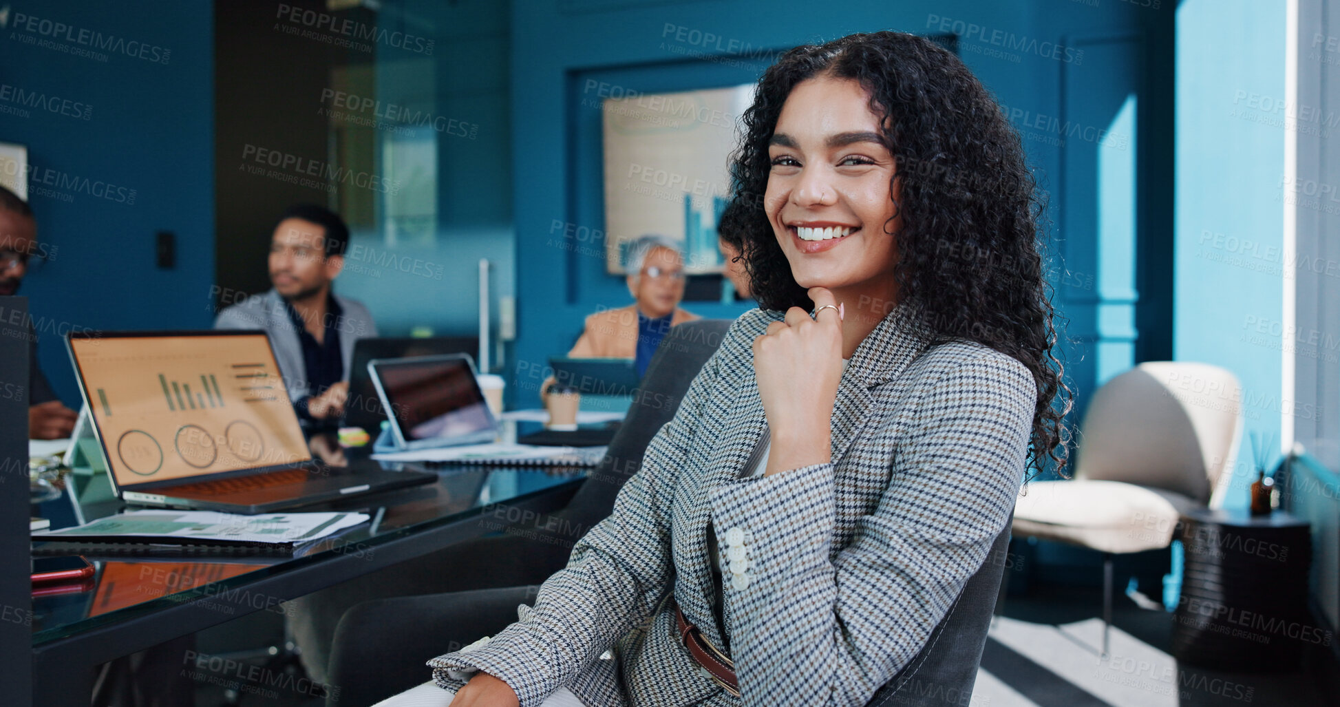 Buy stock photo Portrait, confidence and happy businesswoman in office for finance, investment or quantitative analyst. Corporate, smile or professional worker coworking in meeting for risk management, data or stats