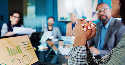 Buy stock photo Hands, laptop and business people in meeting for financial consulting, budget review and investment. Office, corporate and men with women with chart on screen for finance report, strategy or planning