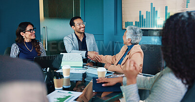 Buy stock photo Business people, meeting and handshake with statistics for partnership, agreement or deal at office. Group, employees or team shaking hands with smile, graph or chart for b2b or performance review