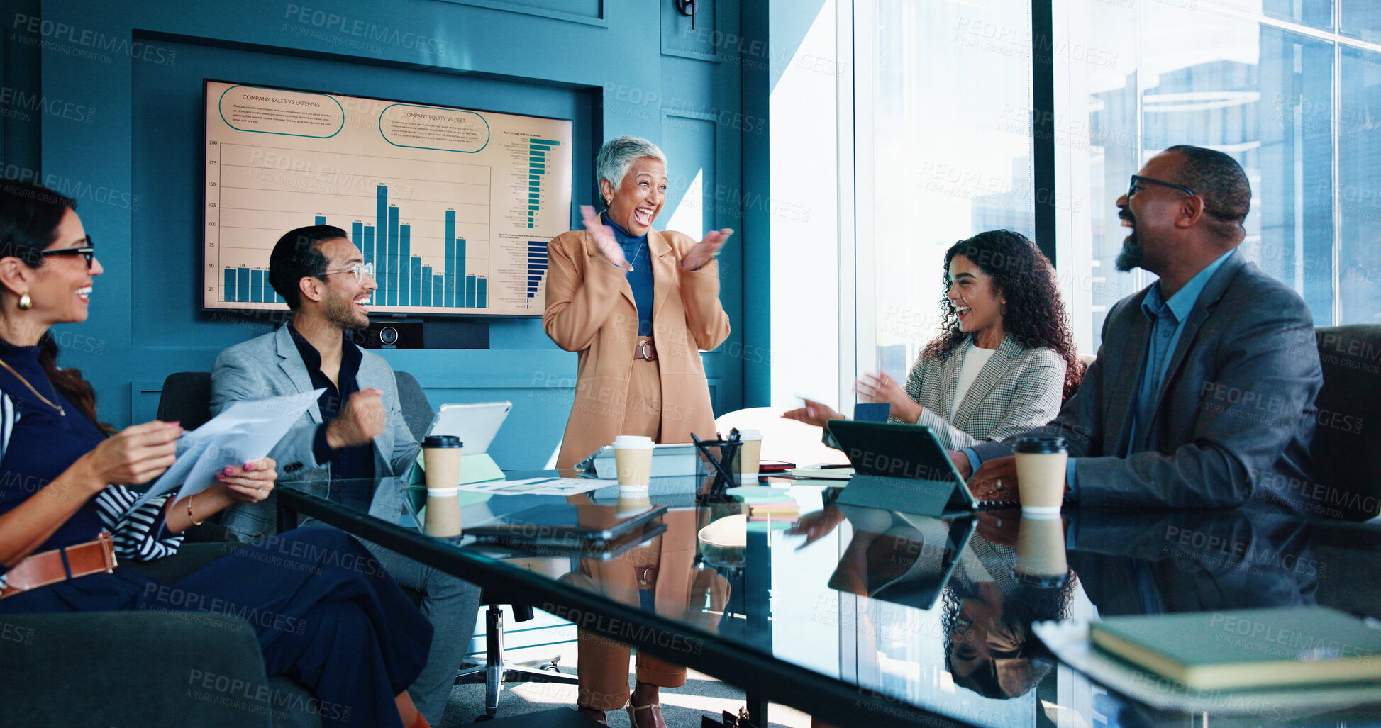 Buy stock photo Applause, presentation and business people in meeting, charts and financial success. Speaker, group and employees in workplace, conversation and clapping for bonus, company revenue and profit growth