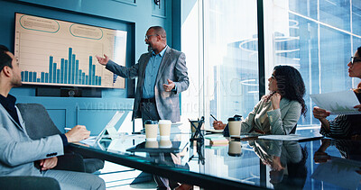 Buy stock photo Presentation, laptop and business people in office for financial consulting, budget review and investment. Professional, corporate team and men with women for finance report, strategy and discussion