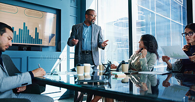 Buy stock photo Meeting, speaker and business people in office for financial planning, budget review and investment. Presentation, corporate team and men with women for finance report, strategy and discussion