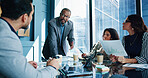 Meeting, manager and business people in office for financial consulting, budget review and investment. Documents, corporate team and men with women planning for finance report, strategy or discussion