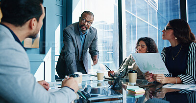 Buy stock photo Meeting, manager and business people in office for financial consulting, budget review and investment. Documents, corporate team and men with women planning for finance report, strategy or discussion