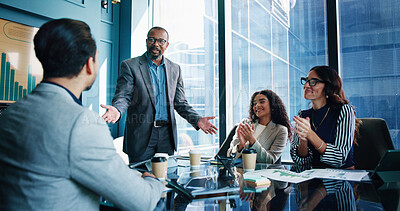 Buy stock photo Businessman, speech or meeting with presentation for corporate performance or statistics at office. Group, speaker or team clapping with applause for company success, promotion or review at workplace